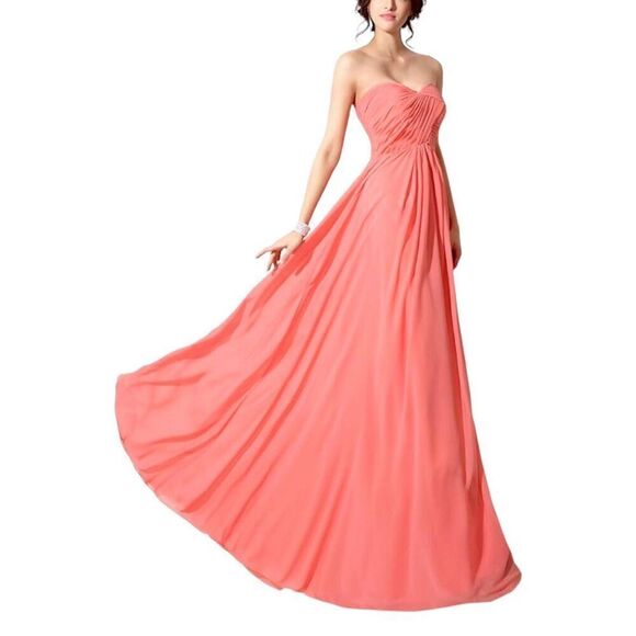 Gown Long Maxi Dress Formal Strapless A Line Peachy Chiffon Floor Length - Picture 3 of 11
